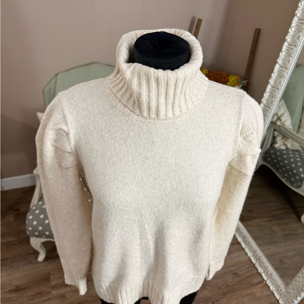 CAbi • Oatmeal Heather Puff Sleeve Turtleneck Sweater - Picture 14 of 16